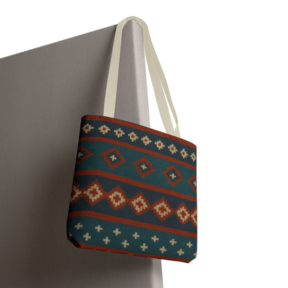 Southwestern diamond pattern tote bag with Aztec tribal geometric print, featuring sturdy handles and vibrant design.