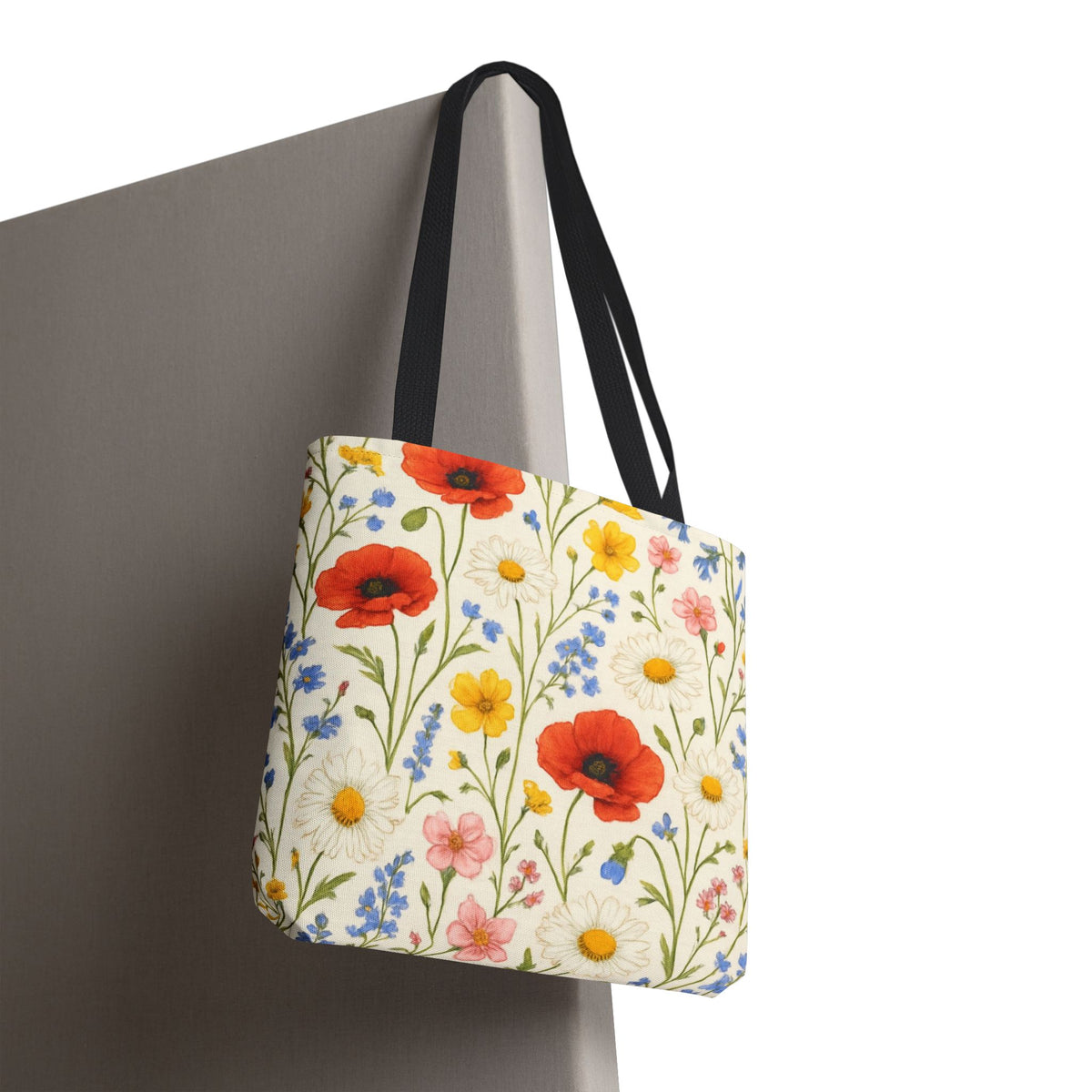 Wildflower Poppy print tote bag with floral all-over pattern by Printify, showcasing a spacious fabric bag with vibrant poppy design.