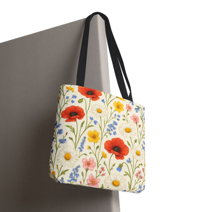 Wildflower Poppy print tote bag with floral all-over pattern by Printify, showcasing a spacious fabric bag with vibrant poppy design.