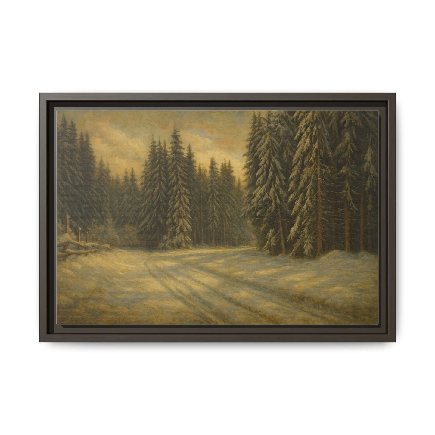 Framed matte canvas wall art featuring a winter forest landscape with snowy trees and serene natural scenery.