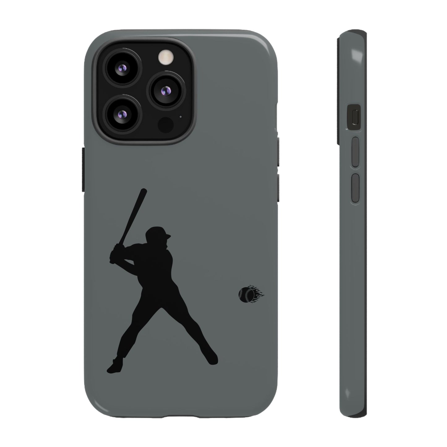 Black iPhone case with white baseball silhouette design, tough protective cover for sport-themed phone protection.