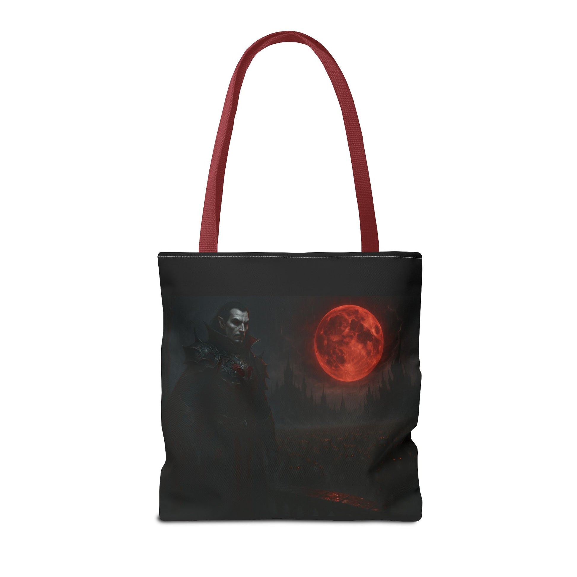 Gothic Dracula tote bag featuring moonlit vampire art, ideal for Halloween, by Printify, showcasing detailed vampire and moon design.