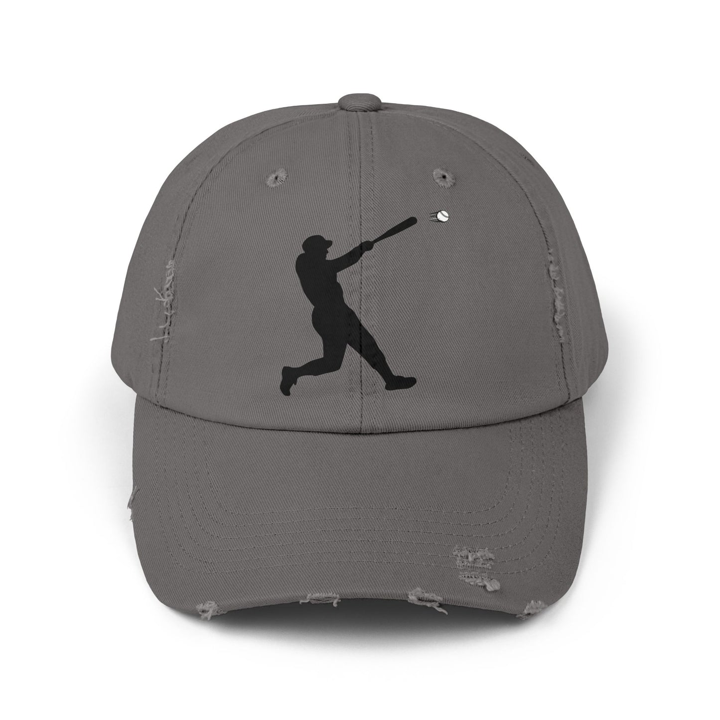 Distressed baseball cap with silhouette batter design, casual hats by Printify featuring a vintage, worn look.