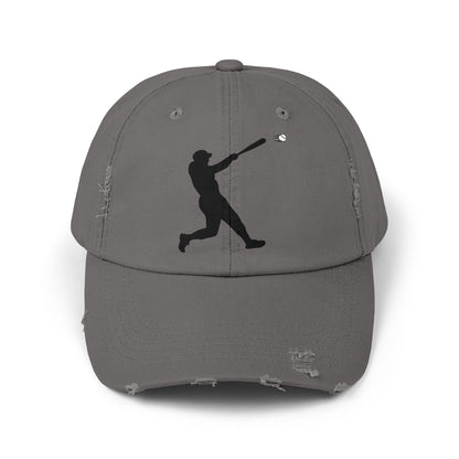 Distressed baseball cap with silhouette batter design, casual hats by Printify featuring a vintage, worn look.
