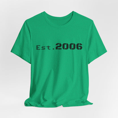 Vintage-style "Established 2006" graphic T-shirt by Printify, featuring bold text and distressed design on soft cotton fabric.