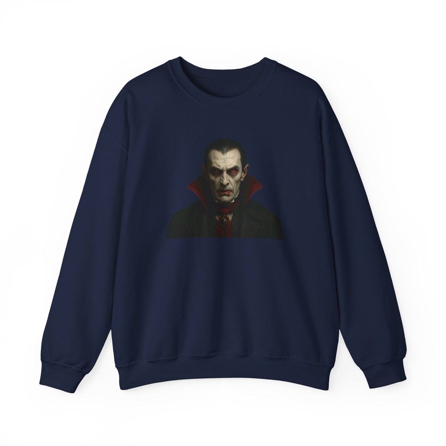 Black vampire portrait crewneck sweatshirt with detailed vampire illustration on the front, made by Printify.