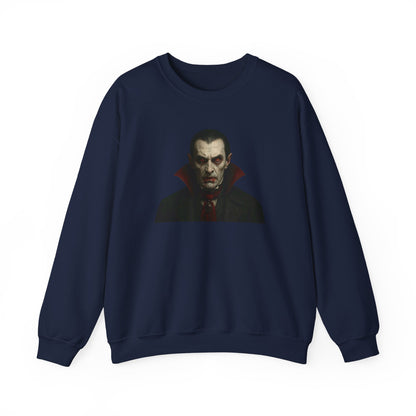 Black vampire portrait crewneck sweatshirt with detailed vampire illustration on the front, made by Printify.