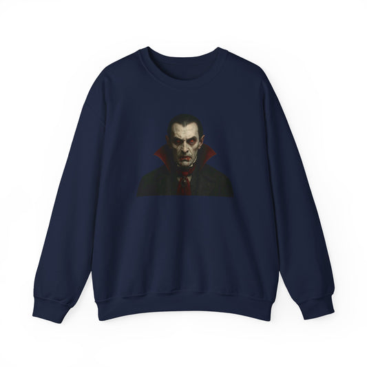Black vampire portrait crewneck sweatshirt with detailed vampire illustration on the front, made by Printify.
