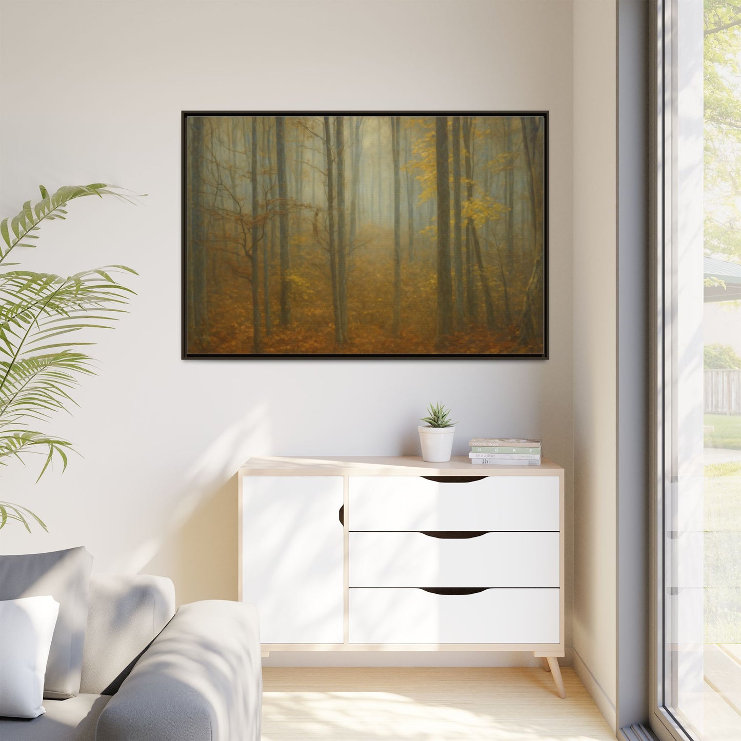 Framed matte canvas print of a Misty Autumn Forest wall art, featuring vibrant fall colors and detailed woodland scenery.