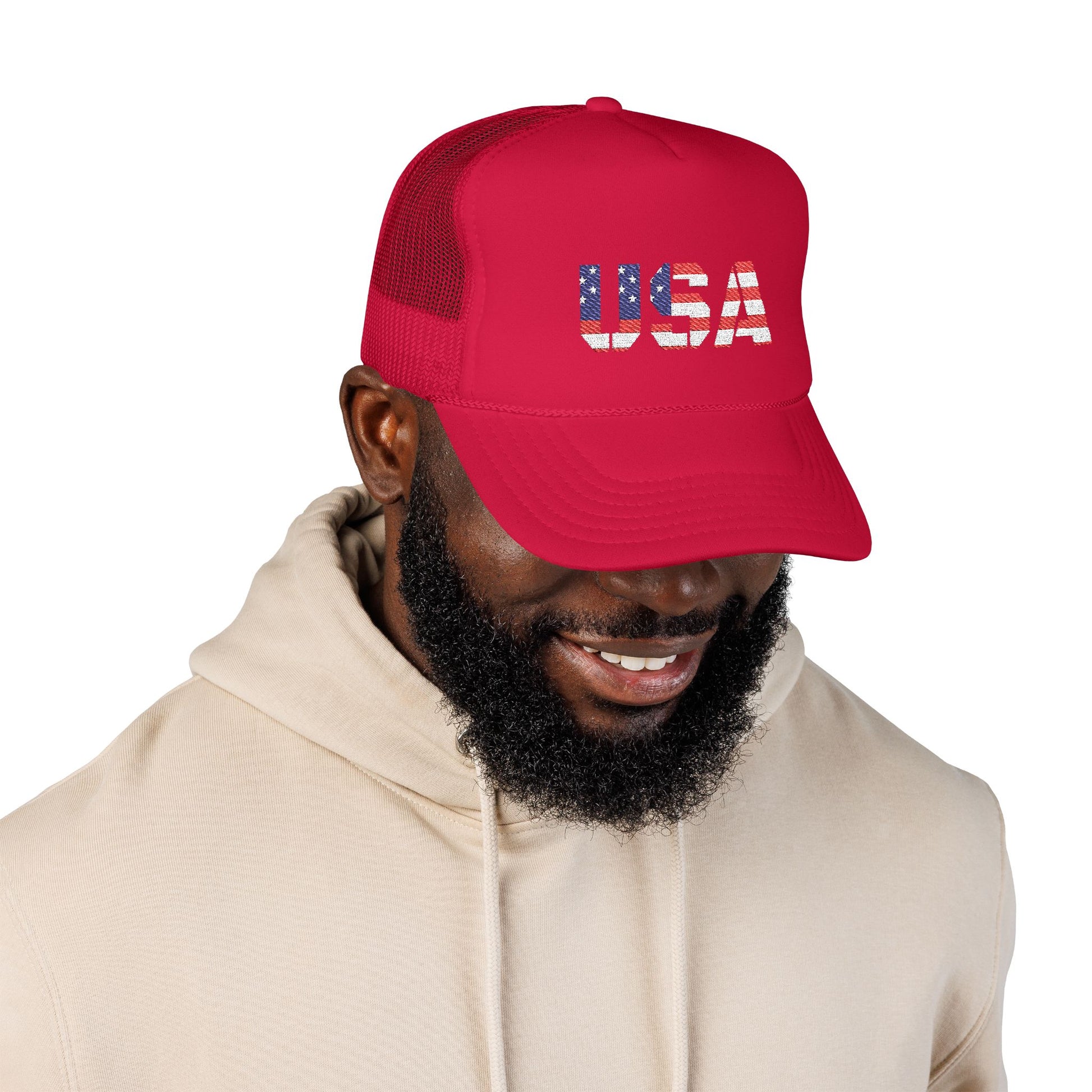 USA Flag Embroidered Foam Trucker Hat, Patriotic Cap, Red Mesh Hat, Summer Outdoor Gear, Festival Accessory, July 4th Gift - TRV