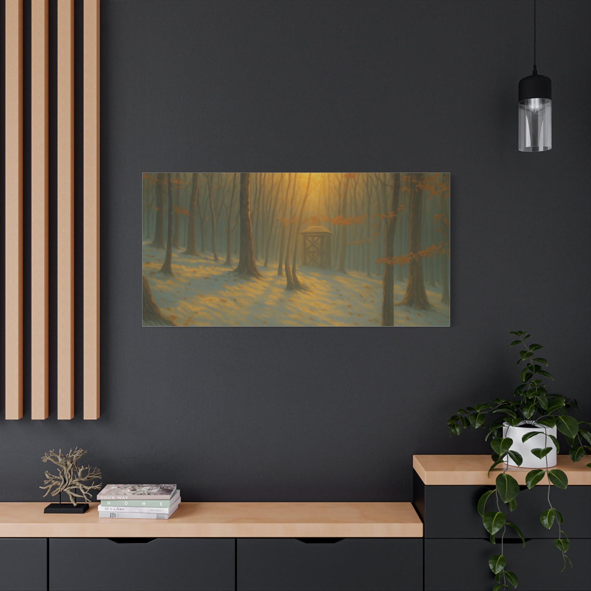 Matte stretched canvas print of a Misty Forest Sunrise landscape by Printify, featuring lush trees and soft morning light.