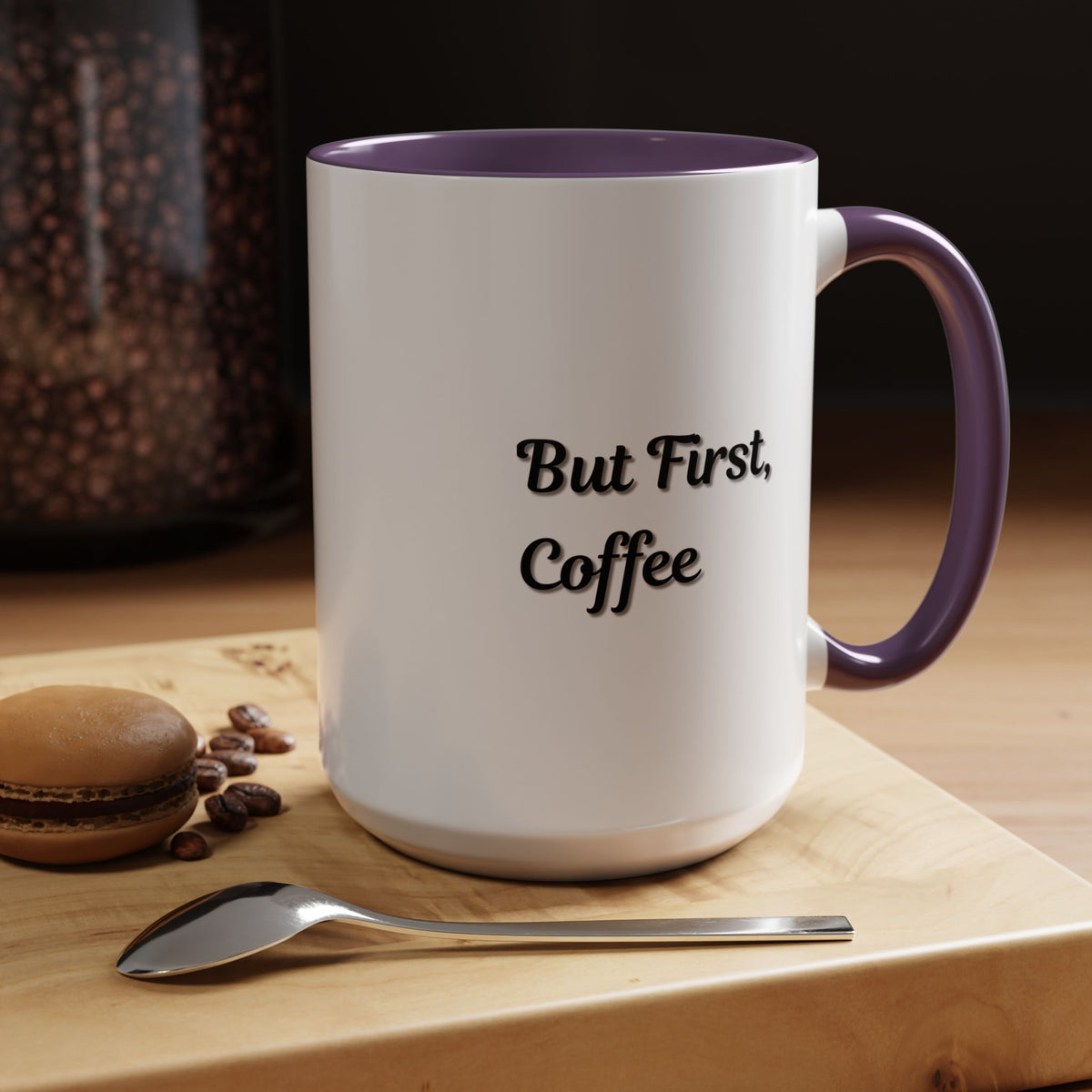 Black Handle and Rim But First Coffee Accent Mug by Printify, 11oz or 15oz ceramic coffee cup on a plain background.