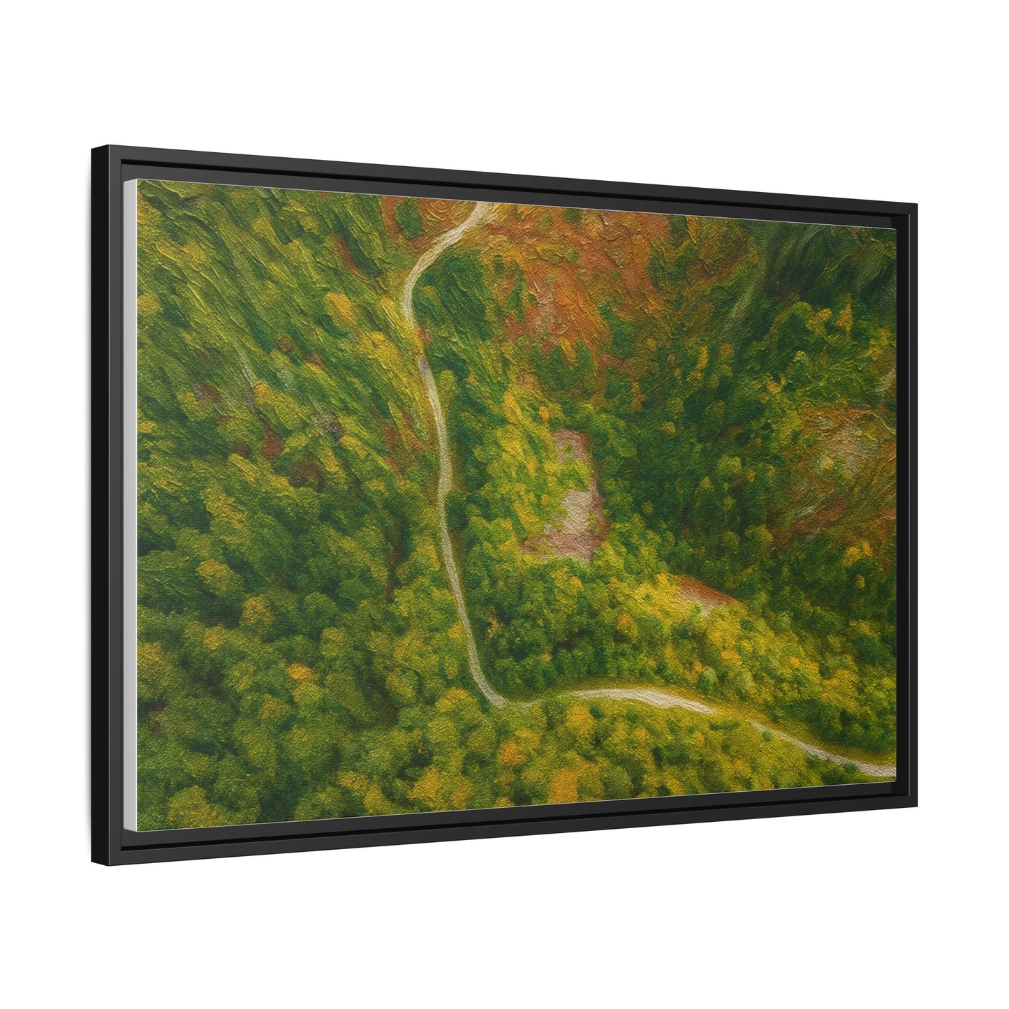 Colorful framed matte canvas wall art featuring an aerial view of a forest path landscape by Printify.