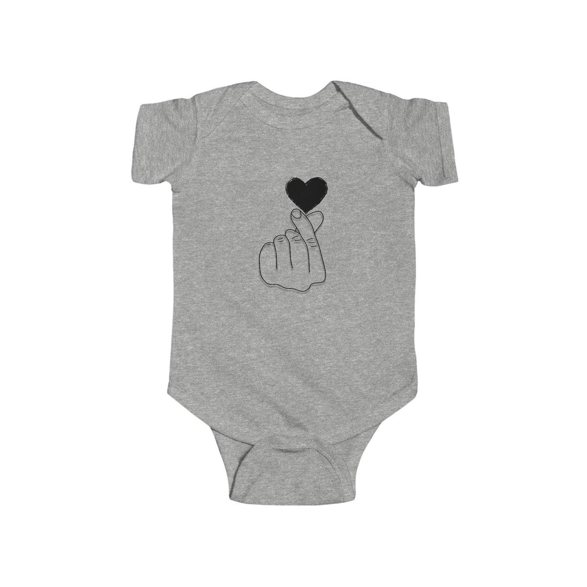 Unisex infant bodysuit with cute heart gesture design, made by Printify, perfect for special occasions and baby photos.
