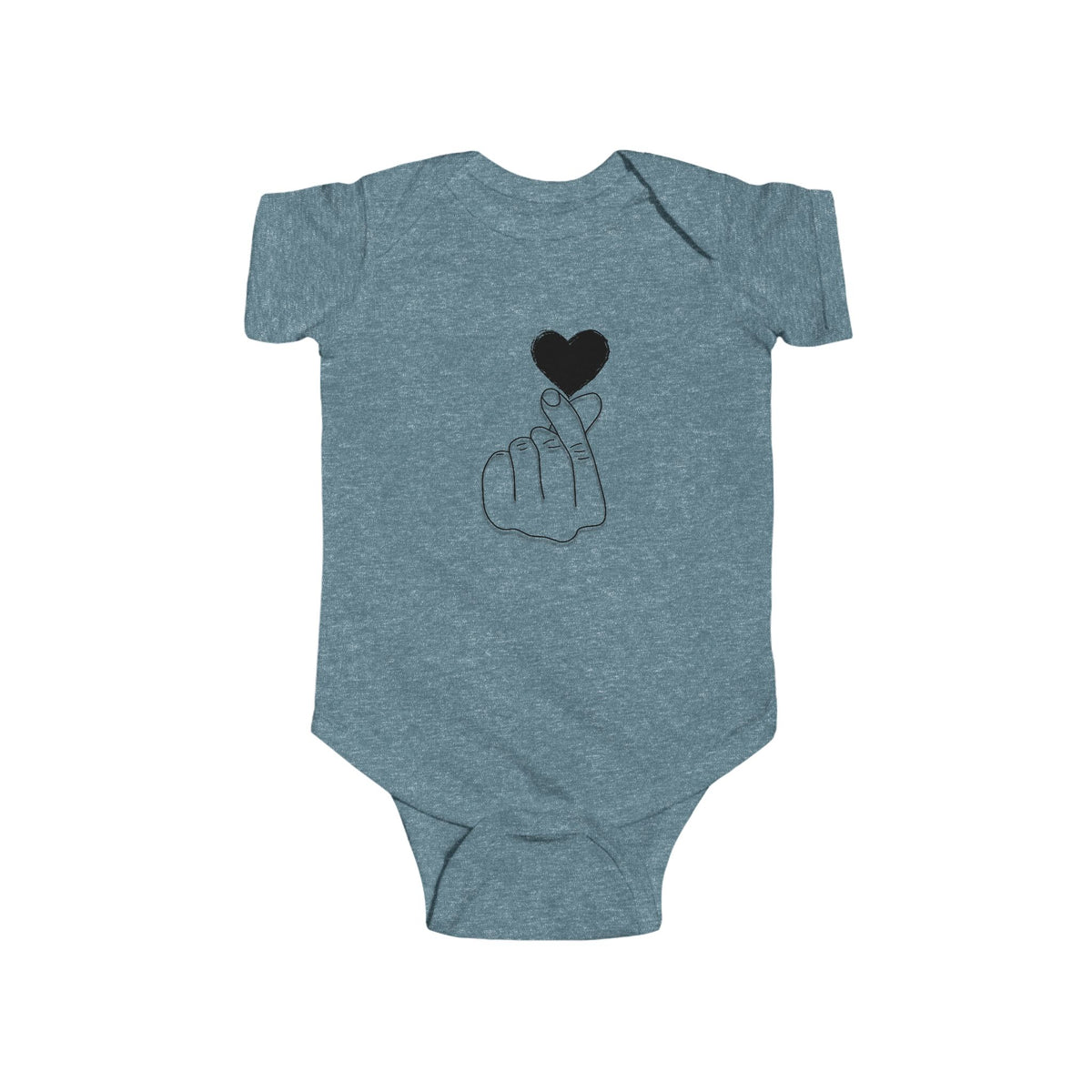 Unisex infant bodysuit with cute heart gesture design, comfortable kids clothes for special occasions by Printify.