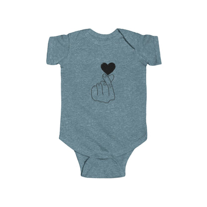 Unisex infant bodysuit with cute heart gesture design, comfortable kids clothes for special occasions by Printify.