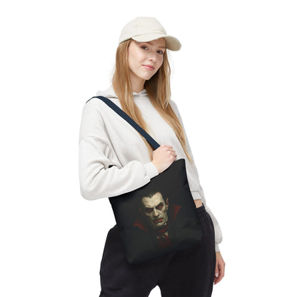 Black vampire-themed tote bag with spooky gothic design, perfect as a Halloween accessory, from Printify's collection.