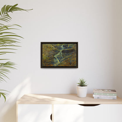 Framed matte canvas wall art featuring a vibrant autumn forest with a waterfall, designed by Printify.