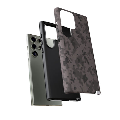 Gray digital camouflage phone case by Printify, rugged protective cover designed for smartphones.