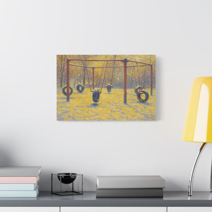 Matte stretched canvas wall art featuring a tire swing playground scene, ideal for children's playroom or outdoor decor.