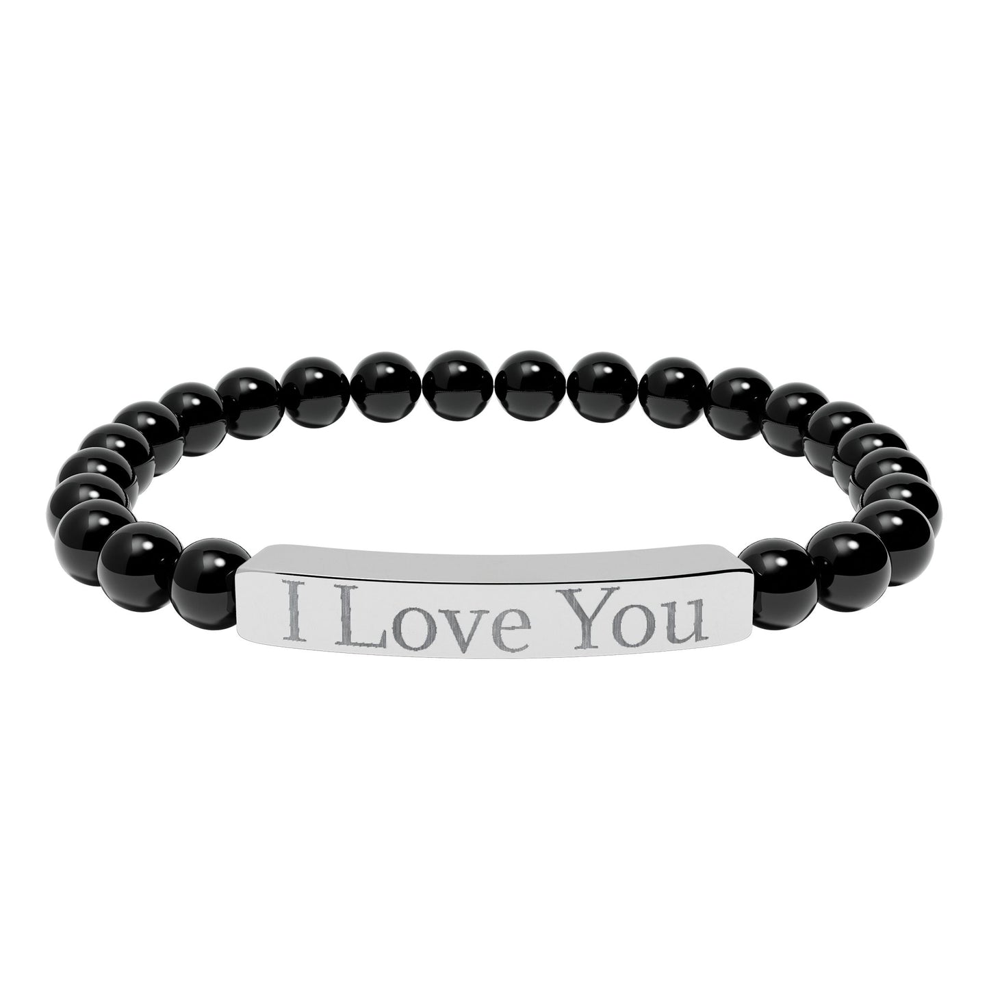 Engraved 'I Love You' natural stone stretch bracelet from Printify, featuring smooth stones and delicate lettering as shown in the image.