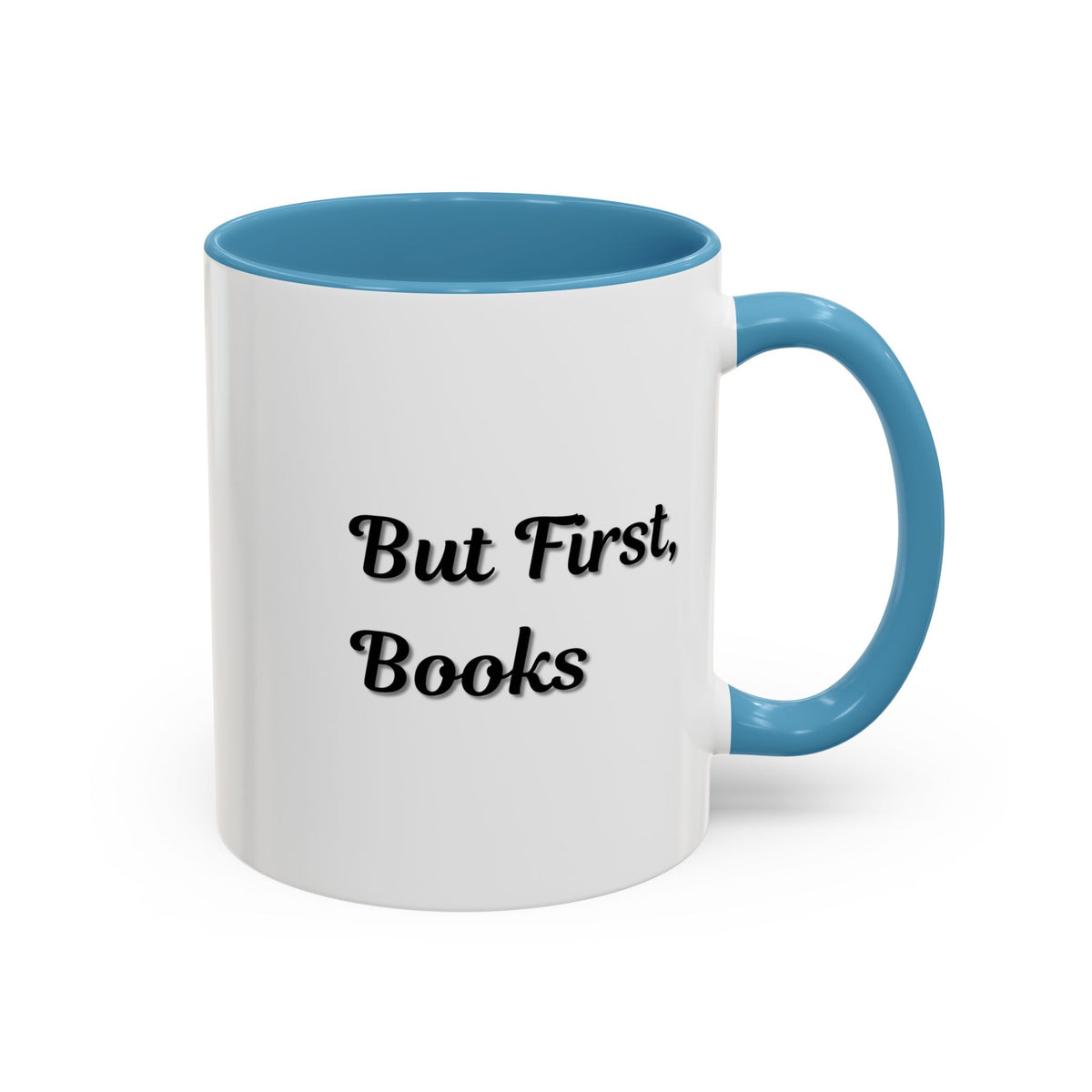 Printify "But First, Books" coffee mug featuring a book lover design, 11 oz ceramic mug with a white background and printed text.
