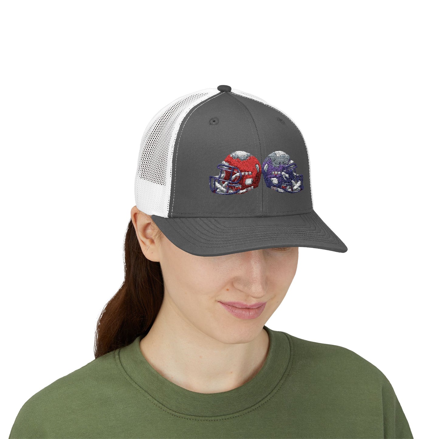 Sporty Snapback Trucker Cap with Football Helmets, Baseball Cap, Outdoor Activity Hat, Gift for Sports Fans, Team Spirit Wear - TRV