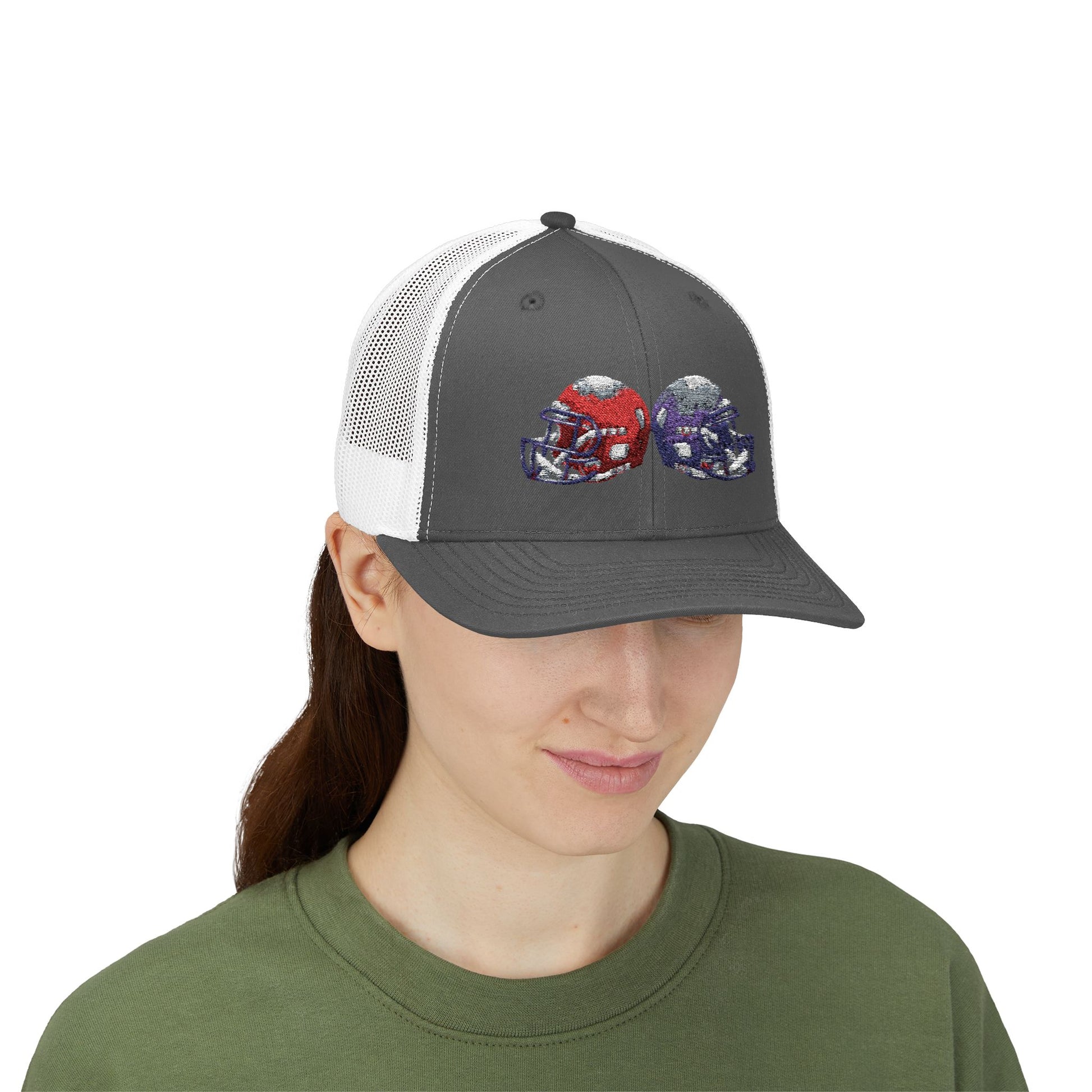 Sporty Snapback Trucker Cap with Football Helmets, Baseball Cap, Outdoor Activity Hat, Gift for Sports Fans, Team Spirit Wear - TRV