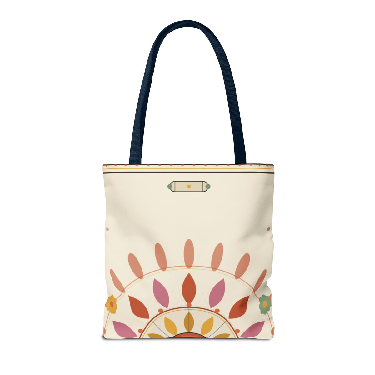 Boho floral mandala tote bag with pastel sunburst pattern from Printify, featuring vibrant, intricate floral and geometric design.