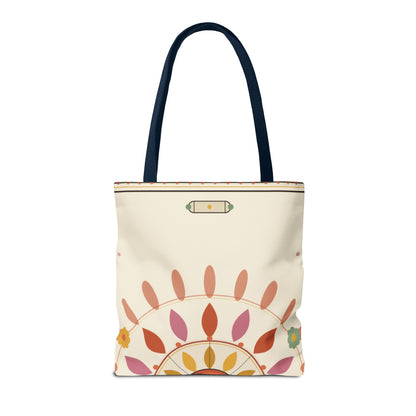 Boho floral mandala tote bag with pastel sunburst pattern from Printify, featuring vibrant, intricate floral and geometric design.