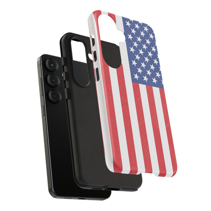 Durable American flag phone case for iPhone by Printify, featuring a patriotic design and protective rugged construction.