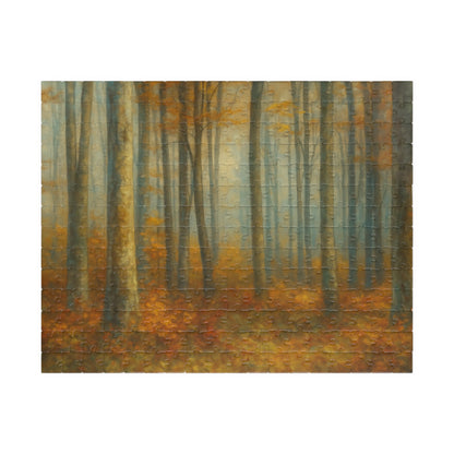 Misty autumn forest puzzle by Printify featuring woodland trees and vibrant fall foliage in a scenic jigsaw design