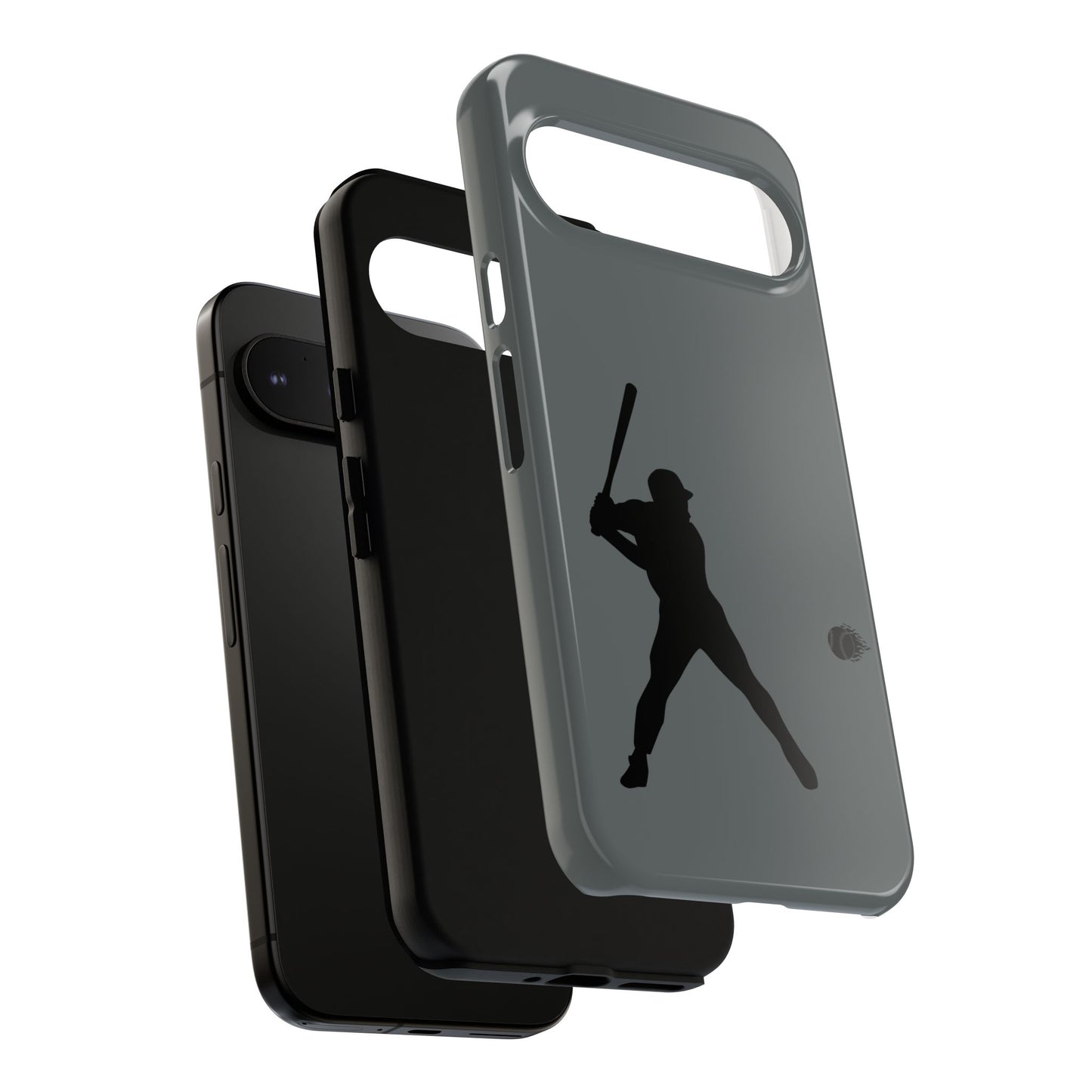 Black iPhone case with a white baseball silhouette design, providing durable, protective coverage for sports enthusiasts.
