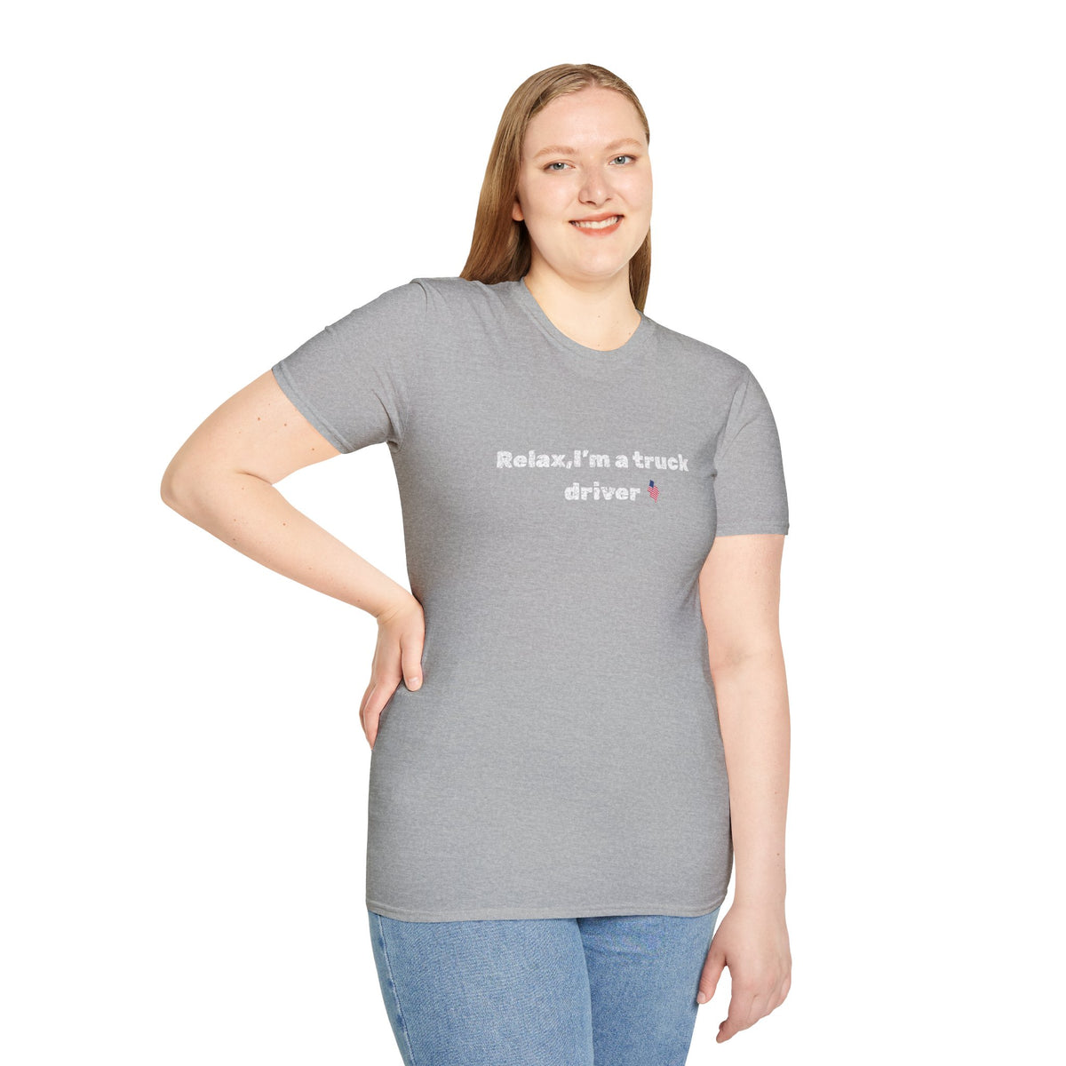 Pink heart featured on funny "Relax, I'm a Truck Driver" T-shirt by Printify, showcasing a casual, humorous trucker graphic.