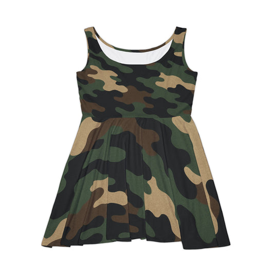 All-over camo print skater dress for women, casual summer party dress by Printify, shown on a mannequin.