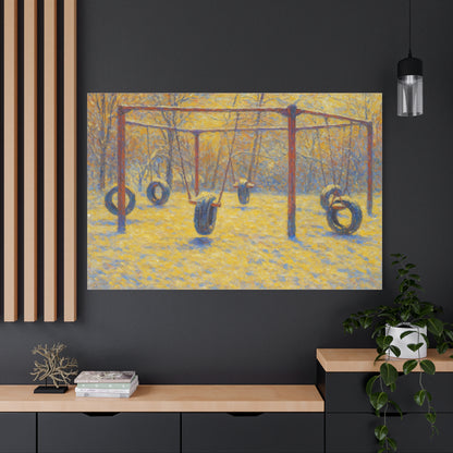 Matte stretched canvas wall art featuring a tire swing playground scene, perfect for adding playful decor to a child's room