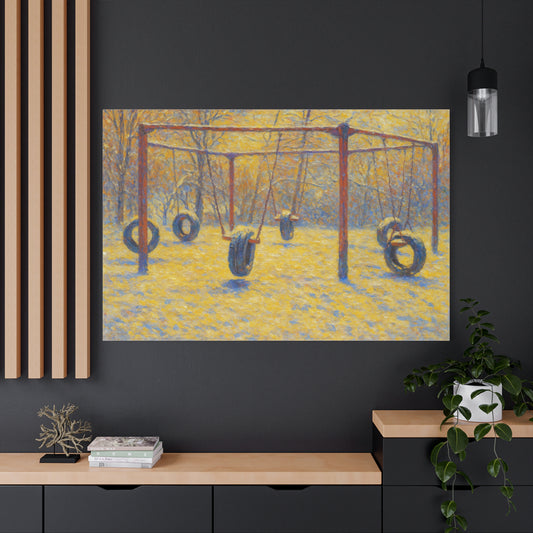 Matte stretched canvas wall art featuring a tire swing playground scene, perfect for adding playful decor to a child's room