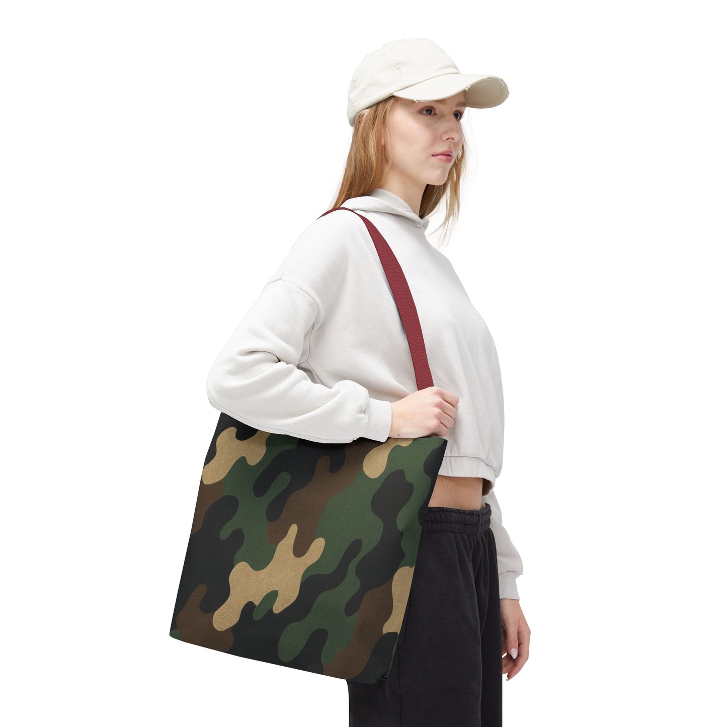 Camo pattern tote bag by Printify featuring all-over printed canvas design, versatile carryall bag for everyday use.