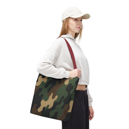 Camo pattern tote bag by Printify featuring all-over printed canvas design, versatile carryall bag for everyday use.