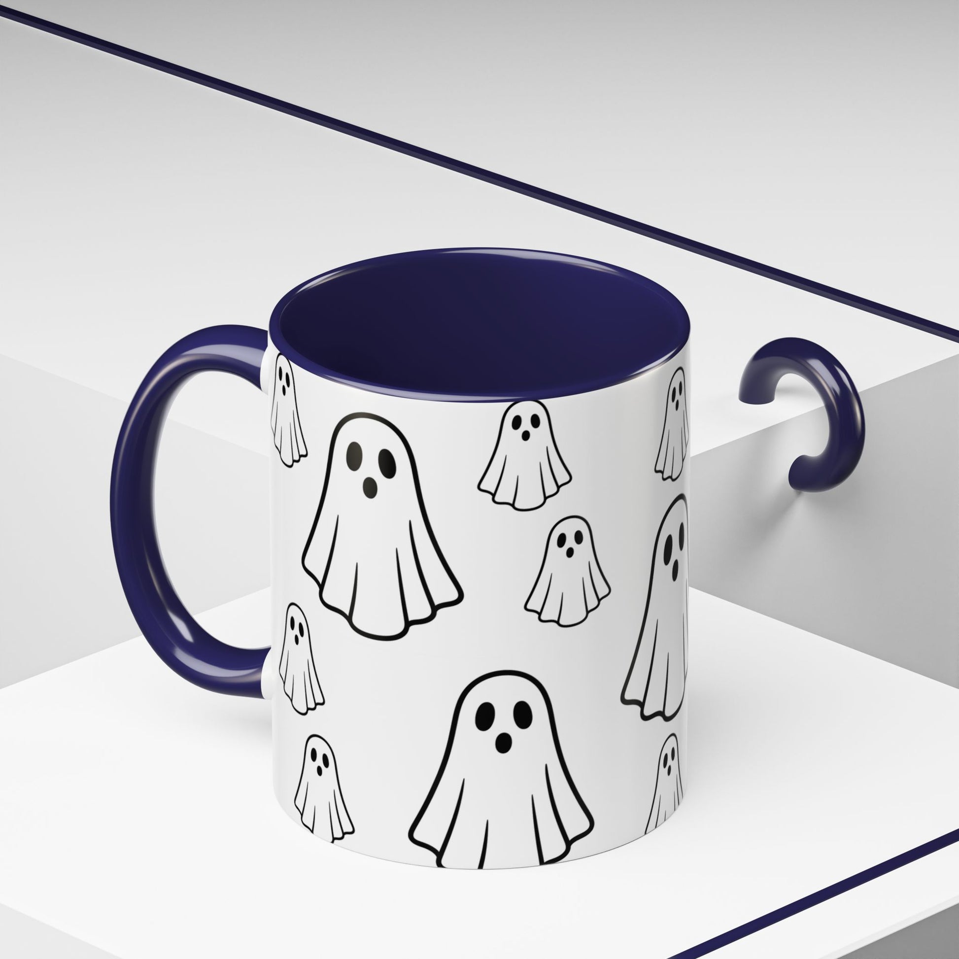 Printify ghost pattern ceramic coffee mug with cute Halloween design, available in 11oz and 15oz sizes.