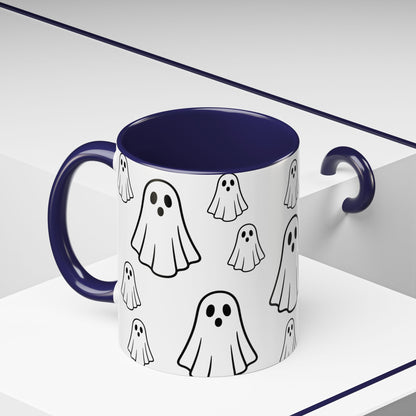 Printify ghost pattern ceramic coffee mug with cute Halloween design, available in 11oz and 15oz sizes.