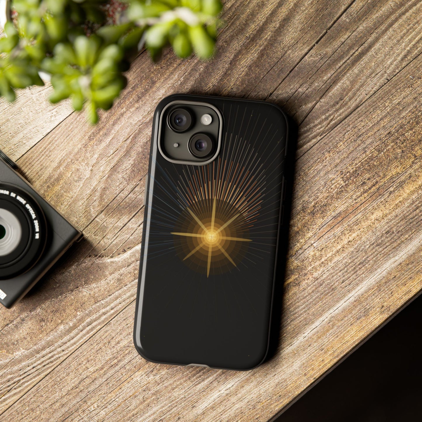 Tough Cases - Radiant Star Phone Case, Protective Black Shockproof Cover with Golden Light Design