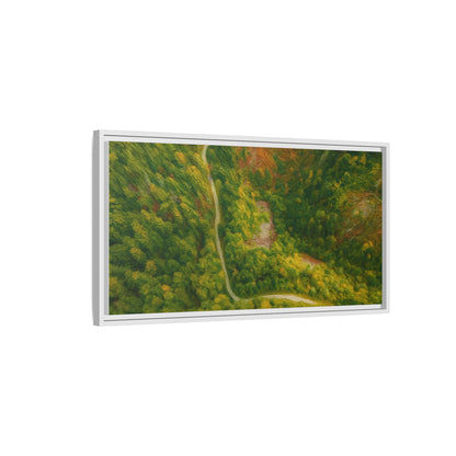Colorful framed matte canvas wall art of an aerial forest path landscape by Printify, showcasing vibrant multi-color nature scenery.