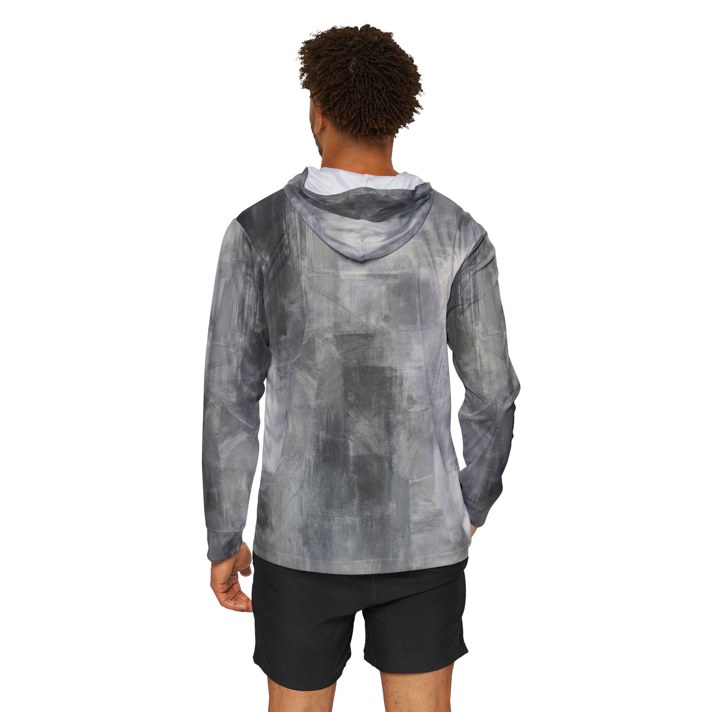 Men's gray athletic warmup hoodie with all-over print, casual gym pullover by Printify, suitable for workouts and casual wear.