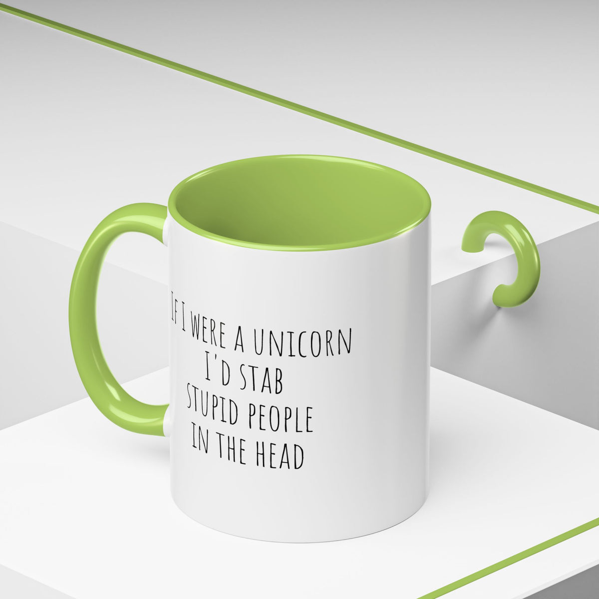 Funny ceramic mug with "If I Were A Unicorn" design, featuring whimsical text and colorful unicorn illustrations.