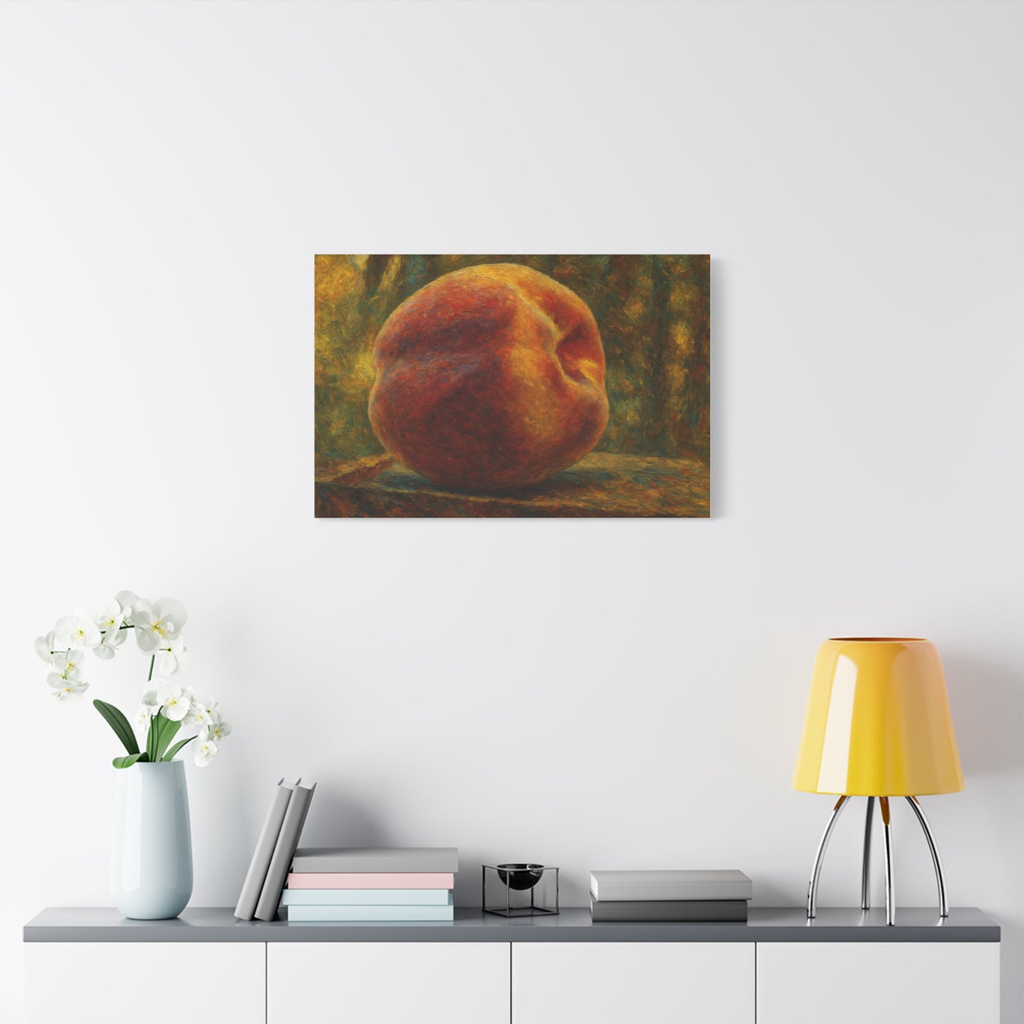 Peach still life matte canvas print by Printify, stretched 1.25-inch wall art featuring vibrant peach and floral details.
