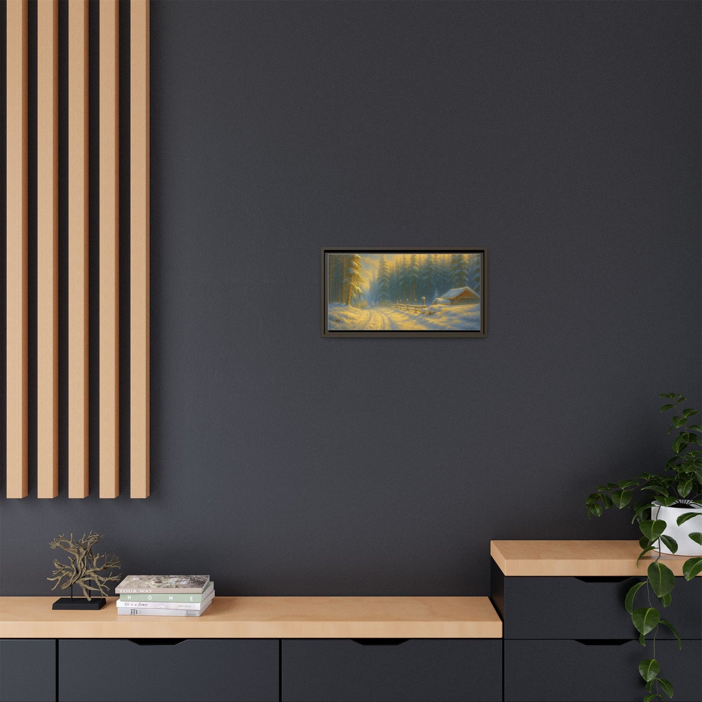 Framed winter cabin canvas print featuring a snowy forest sunset, wall art by Printify with cozy outdoor scene.