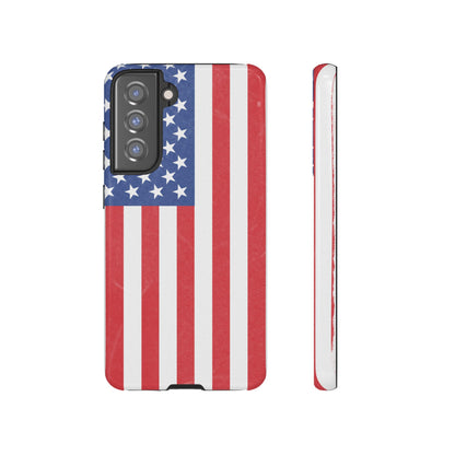 American flag tough phone case by Printify, patriotic protective cover for iPhone and Samsung smartphones.