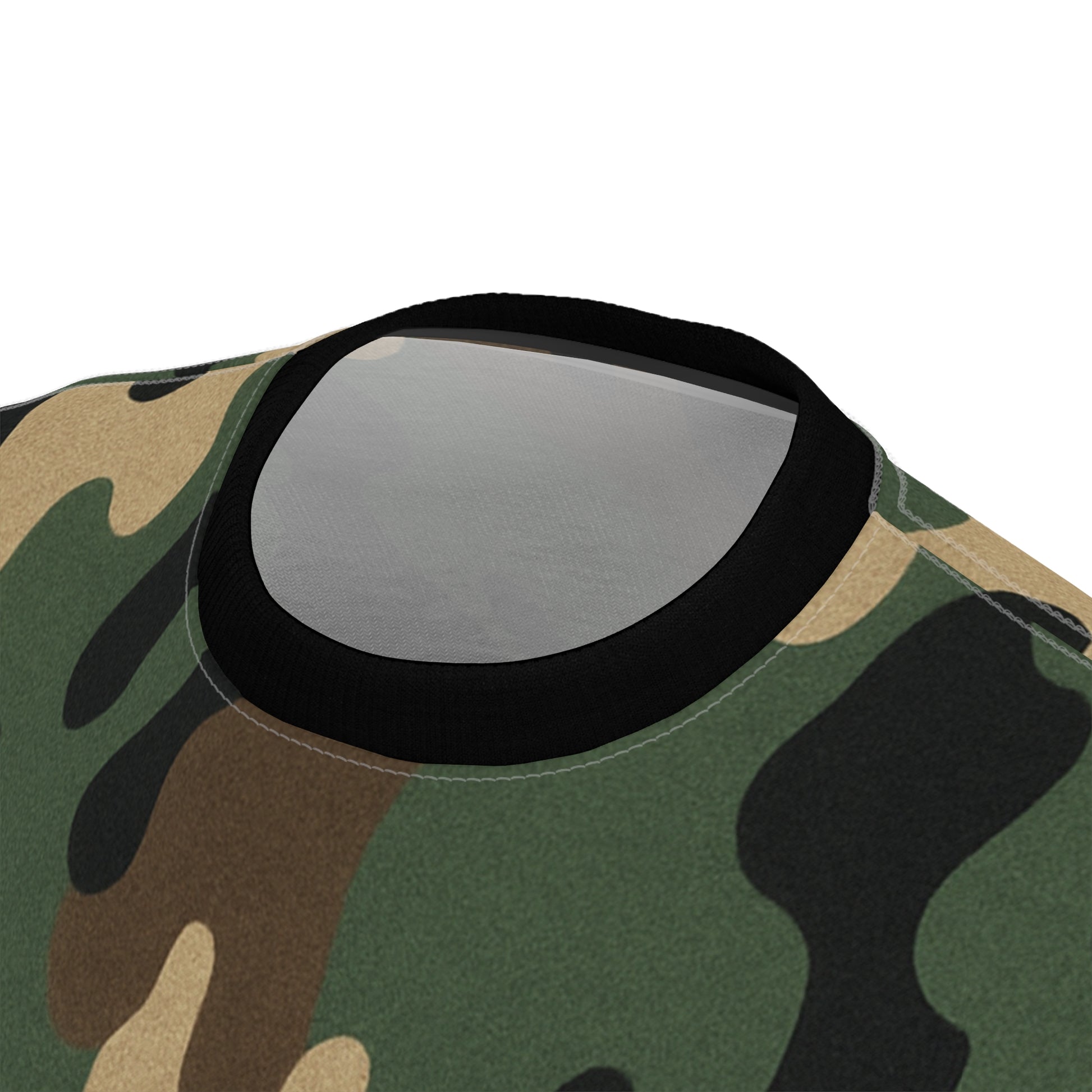 Printify camo all-over print tee featuring classic woodland camouflage pattern on a comfortable casual shirt.