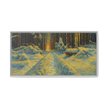 Framed matte canvas print of a snowy forest path at sunset, featuring warm colors and detailed woodland scenery.
